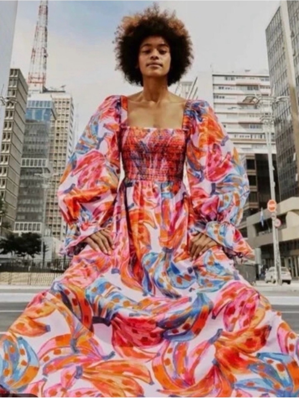 Farm Rio Smocked Square-Neck Banana Floral Midi Dress - Picture 2 of 10